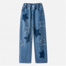 【3Y-12Y】Girls Fashion Star Embroidered Blue Jeans