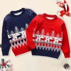 【2Y-8Y】Boy Christmas Elk Christmas Tree Jacquard Colorblock Round Neck Sweater