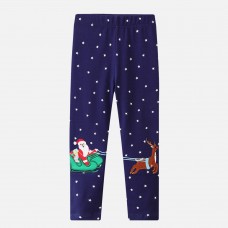 【18M-7Y】Girls Navy Blue Christmas Embroidered Leggings